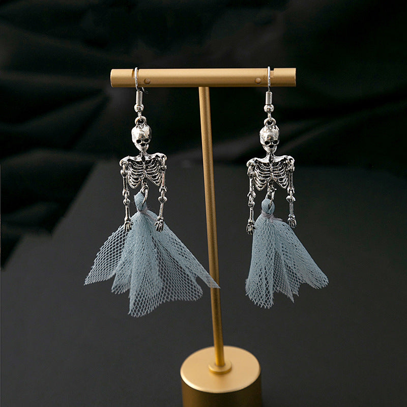 Wholesale Halloween Skeleton Human Skull Blue Mesh Earrings